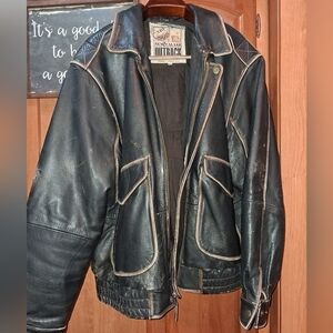 New Zealand Outback Vintage Distressed Black Leather Moto Jacket In A Mens XL.